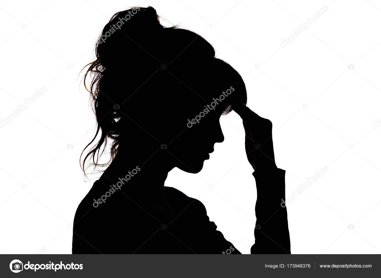 Silhouette of a thoughtful sad woman with hand near her forehead on white  isolated background, the concept life problems and depression Stock Photo  by ©fantom_rd 173948376