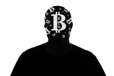 Kripto-para-bitcoins, kavram iş satın alma hakkında düşünme bir adam portresi siluet