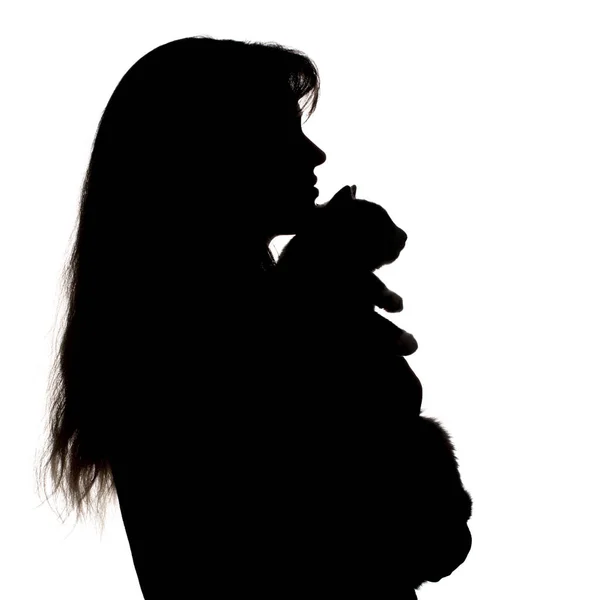 Silhueta de uma menina com um gatinho em mãos em um fundo isolado branco, perfil do rosto de uma mulher e um animal de estimação — Fotografia de Stock
