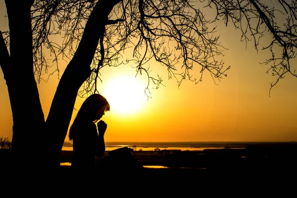 Silueta de la mujer orando a Dios en la naturaleza con la Biblia al atardecer, el concepto de religión y espiritualidad — Foto de Stock