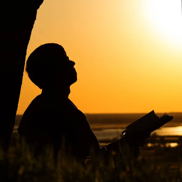 Silhouette di un uomo che legge la Bibbia sul campo, maschio che prega Dio in natura, il concetto di religione e spiritualità — Foto Stock