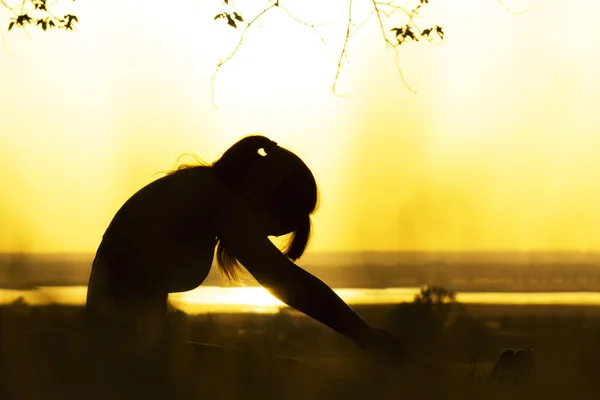 Silhouette einer Frau, die sich bei Sonnenuntergang in der Natur fit hält, ein sportliches weibliches Profil, das Konzept von Sport und Entspannung — Stockfoto