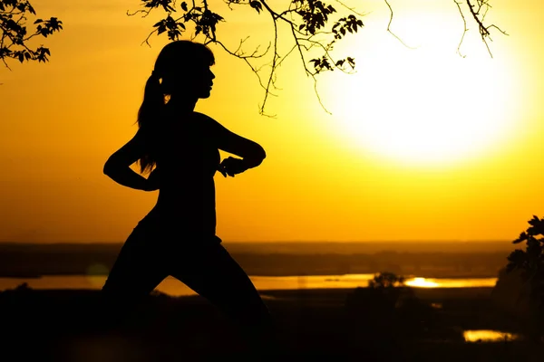 Silhouette di una donna che fa esercizi fisici in natura al tramonto, sport femminile sul campo, concetto di sport e ricreazione — Foto Stock