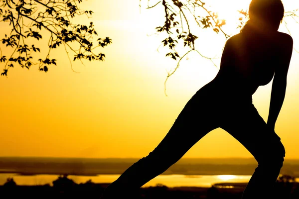 Silhouette of a young woman engaged in fitness in nature at sunset, a sports female profile, the concept of sport and healhcare — Stock Photo, Image