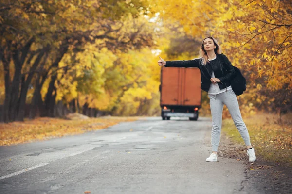 若い女性は寒い秋の天候のアスファルトの道路に立って待っている女の子は手のジェスチャーを示すヒッチハイカーによって郊外の高速道路から取得しようとします — ストック写真