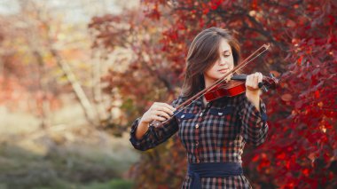 Kırmızı yapraklı arka planda keman çalan güzel genç bir kadın, doğada müzik aleti çalan romantik bir kız, açık havada müzik performansı, sanatta hobi ve tutku kavramı.