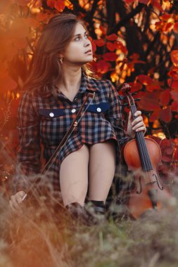 Güzel genç bir kadının sonbahar portresi. Kırmızı sonbahar yapraklarının arka planında bir kemanla oturmuş hobi ve müzik kavramını inceliyor.