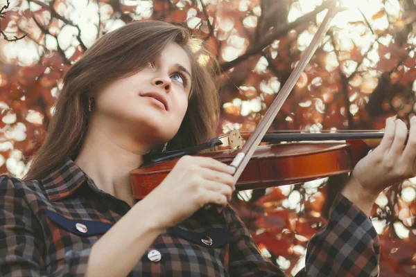 Retrato otoñal de una chica romántica tocando el violín sobre un fondo de follaje rojo, actuación de una joven sobre la naturaleza, un concepto de hobby y arte — Foto de Stock