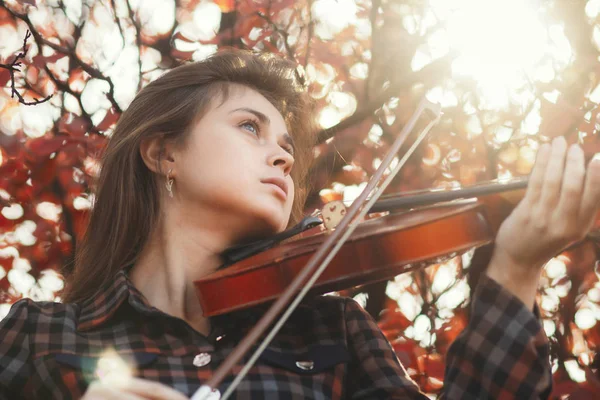 Retrato otoñal de una chica romántica tocando el violín sobre un fondo de follaje rojo, actuación de una joven sobre la naturaleza, un concepto de hobby y arte — Foto de Stock