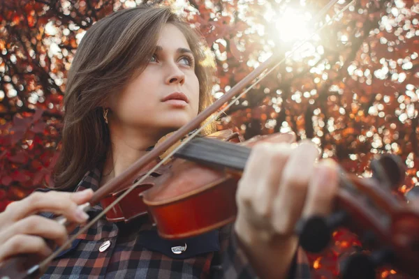 가을에 아름다운 여성 이 빨간 나뭇잎을 배경으로 바이올린을 연주하는 것을 즐기고, 자연에 대한 예술에 종사하는 로맨틱 한 소녀, 취미와 음악 생활에 대한 개념 — 스톡 사진