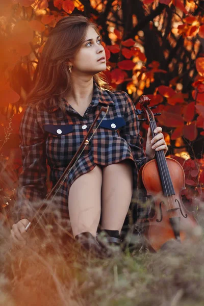 Retrato de otoño de una hermosa joven sentada en el suelo con un violín sobre un fondo de hojas rojas de otoño y mirando hacia arriba, concepto de hobby y música — Foto de Stock