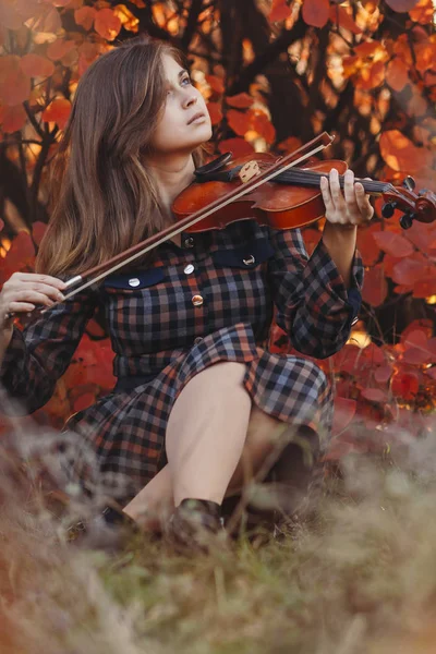 Retrato de outono da bela mulher sentada no chão com um violino sob o queixo em um fundo de folhagem vermelha, menina envolvida em tocar um instrumento musical na natureza, um conceito de paixão na arte. — Fotografia de Stock