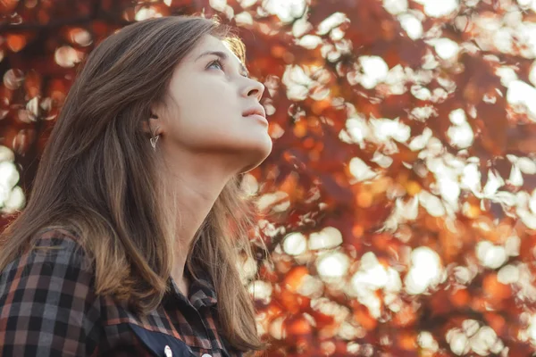 Profil einer schönen jungen Frau, die dankbar aufblickt, ein Mädchen, das durch die herbstliche Natur in einem Park geht — Stockfoto