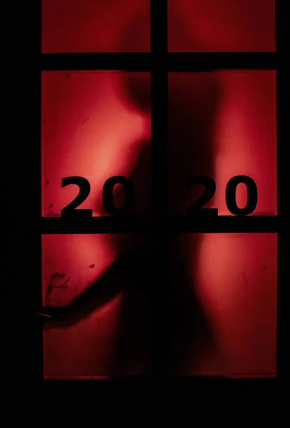 Silhouette of a person opening the door handle with date on window with a red strange backlight, destruction of the stereotype happy new year, entering 2020 horror genre — Stock fotografie