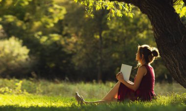 Güzel bir kızın güneşli portresi, ağaç dallarının altında oturmuş kitap okuyor, doğa, kavram hobisi ve yaşam tarzı üzerine roman okuyor.