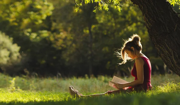 Ritratto soleggiato di una bella ragazza seduta sulla radura verde sotto i rami degli alberi con libro, donna che legge romanzo sulla natura, concetto di hobby e stile di vita — Foto Stock