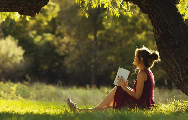 Ritratto soleggiato di una bella ragazza seduta sulla radura verde sotto i rami degli alberi con libro, donna che legge romanzo sulla natura, concetto di hobby e stile di vita — Foto Stock