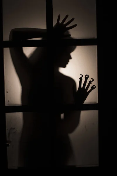 Strange silhouette of a female hand with date on fingers pressed to glass of door with backlight, destruction of the stereotype happy new year, entering 2020 horror genre — ストック写真