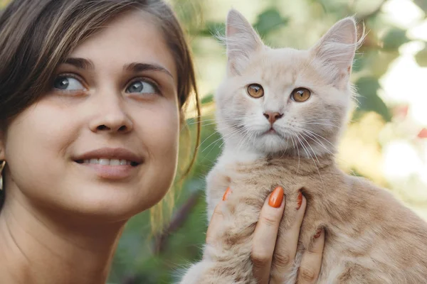 Gatinho bonito nos braços de uma menina, um gato de gengibre leva carícia de mãos femininas, uma mulher e um gato andando no jardim de verão — Fotografia de Stock