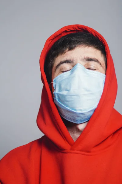 Portrait Smiling Young Man Wearing Medical Flu Mask Orange Scarf — Stock Photo, Image