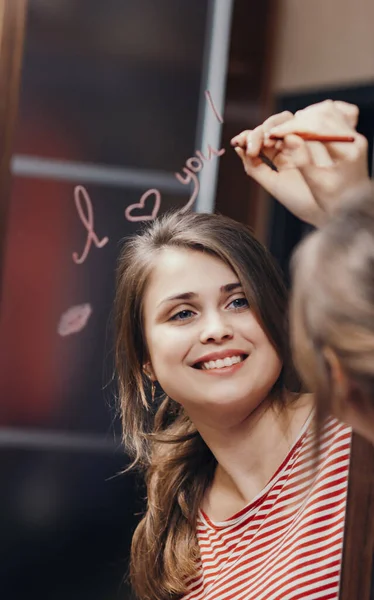 Reflection Young Woman Face Mirror Inscription Love You Painted Heart — Stock Photo, Image