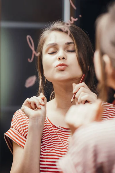 Reflection Young Woman Face Mirror Inscription Love You Painted Heart — Stock Photo, Image