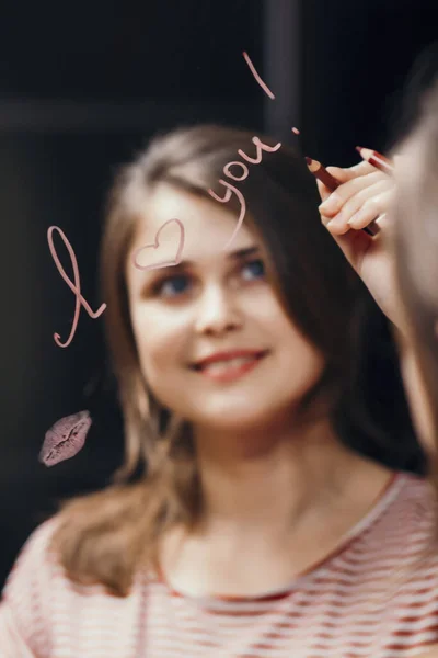 Reflection Young Woman Writing Cosmetic Pencil Words Love You Mirror — Stock Photo, Image