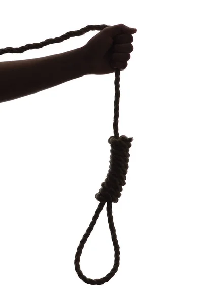 男性の手のストリング強度接続でロープ結び目シルエット 概念自殺思考 金融危機 — ストック写真