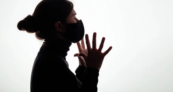 Silhouette Young Woman Black Protective Mask Covering Face Studio Background — Stock Photo, Image