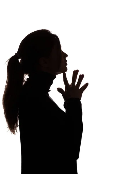 Profilo Silhouette Giovane Donna Che Pensa Posa Sfondo Bianco Studio — Foto Stock