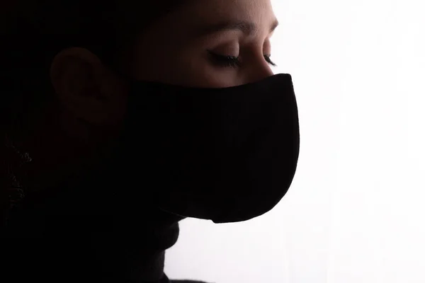 Silhouette Young Woman Face Protective Mask Covering Face Closed Eyes — Stock Photo, Image