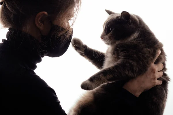 白い背景の猫を見て黒の保護マスクの若い女性のシルエット 女の子は健康オペットを制御します アレルギーと感染症の概念 — ストック写真