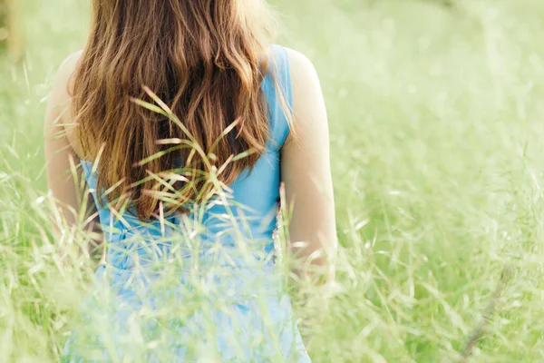 美しいロマンチックな少女は スパイクレットのフィールドに座って 自然を楽しんで 若いエレガントな女性の背部長い青のエレガントなドレスを歩いて — ストック写真