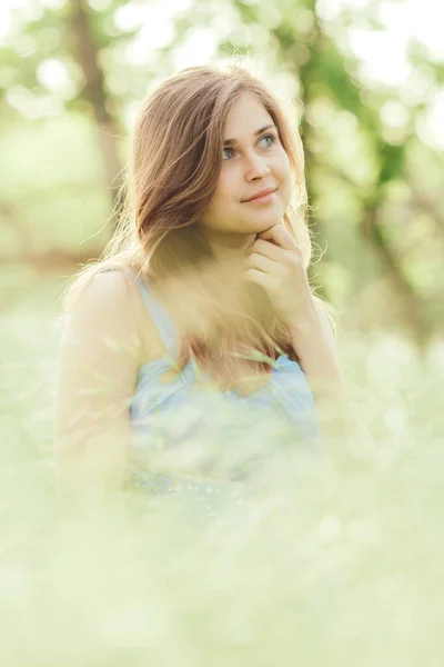 Beautiful Romantic Girl Sitting Field Spikelets Enjoying Nature Young Elegant — Stock Photo, Image