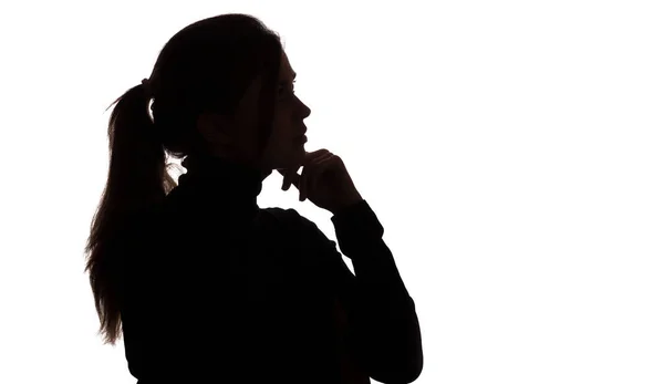 Silhouette Portrait Pensive Girl Hand Chin Young Woman White Isolated — Stock Photo, Image