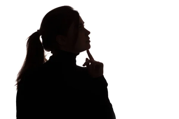 Silhouette Portrait Pensive Girl Hand Chin Young Woman White Isolated — Stock Photo, Image