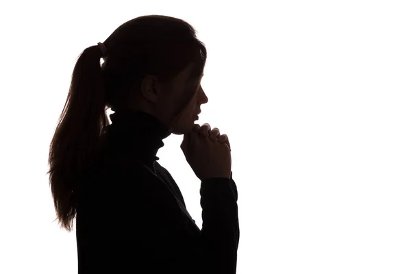 Silhouette Pensive Sad Girl Hand Chin Young Woman White Isolated — Stock Photo, Image