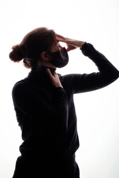 Figure Young Woman Black Mask Hand Forehead Quarantine Epidemic Drama — Stock Photo, Image
