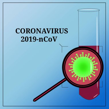 a blood flask, a magnifying glass with a coronavirus and a place for text, on the virus the inscription coronavirus 2019-nCov