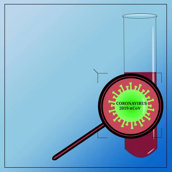 a blood flask, a magnifying glass with a coronavirus and a place for text, on the virus the inscription coronavirus 2019-nCov
