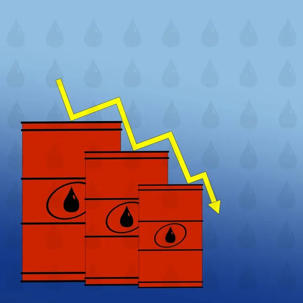 Üç varil kırmızı yağ. Sarı ok aşağıya bakıyor. Fiyat seviyesindeki düşüş. Rusya ve Suudi Arabistan arasındaki petrol fiyatları savaşı. Düz çizim. Petrol işi ve endüstri. Ulusal ekonomi.
