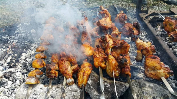 The chicken is fried on hot coals. Smoke and the smell of barbecue rises from the pieces of coal. Summer recreation environment in the forest. Tourist meals in the nature.