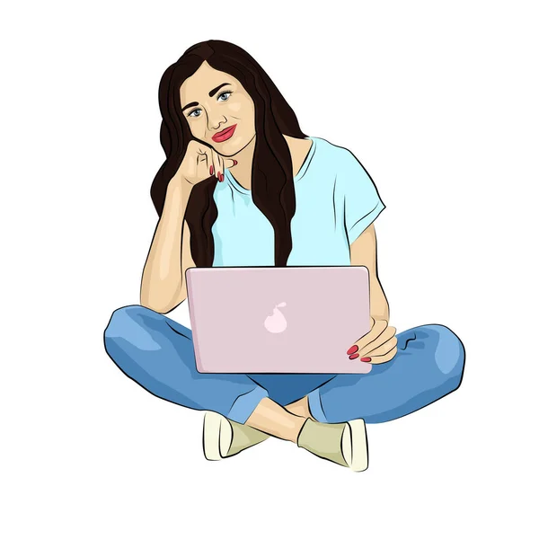 Bitmap Çizimi Kız Dizüstü Bilgisayarın Başında Oturuyor — Stok fotoğraf