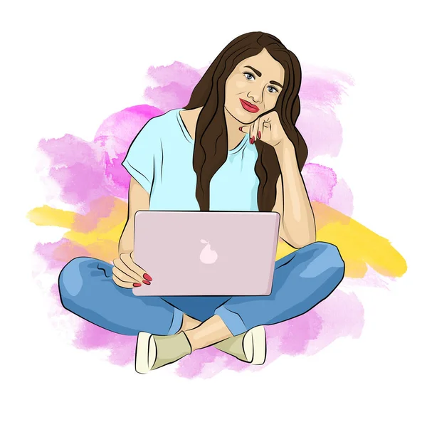 Bitmap Çizimi Kız Dizüstü Bilgisayarın Başında Oturuyor — Stok fotoğraf