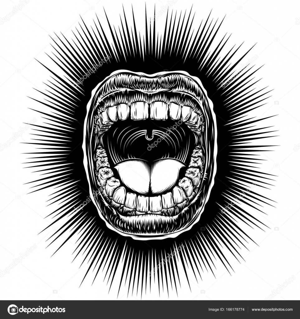 Открытый рот Крик Чернила Рисуй винтажный монохромный черный Векторное изображение ©ALXR 166178774