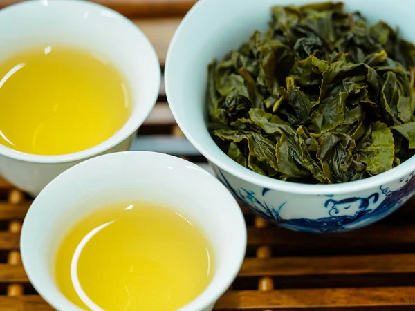 Ahşap tepside yeşil oolong çayı ve çay yapraklarının yüksek açılı görüntüsü