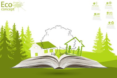 Ağaç ve yeşil çimenler üzerine açık bir kitabın üstündeki ev. Gezegeni kurtarmak için ekoloji kavramı. Çevre dostu. Çevre dostu dünya. Ekolojinin illüstrasyonu. Arkaplan.