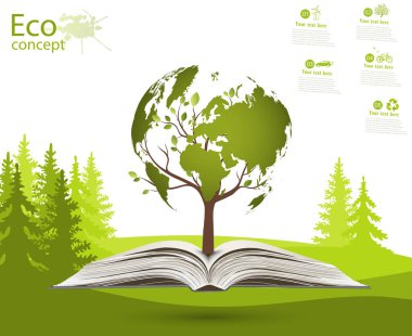 Ağaçtaki yeşil küre. Çimlerin üzerinde küre olan ağaç. Çevre dostu. Ekoloji kavramı. Ekolojik olarak temiz bir dünya manzarası. Görüntü.