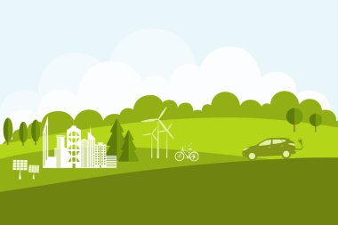 Çevre dostu dünya. Yaz manzarası. Düz stil. Ekolojinin tasviri bilgi grafikleri modern tasarım kavramı. Simge ve imza. Ekolojik kavramlar. Elektrikli araba..