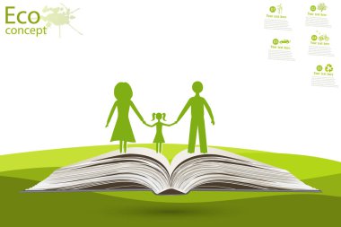 Globe açık bir kitap. Ağaçtaki yeşil küre. Gezegeni kurtarmak için ekoloji kavramı. Çevre dostu. Çevre dostu dünya. Ekolojinin illüstrasyonu. - Aile. manzara.